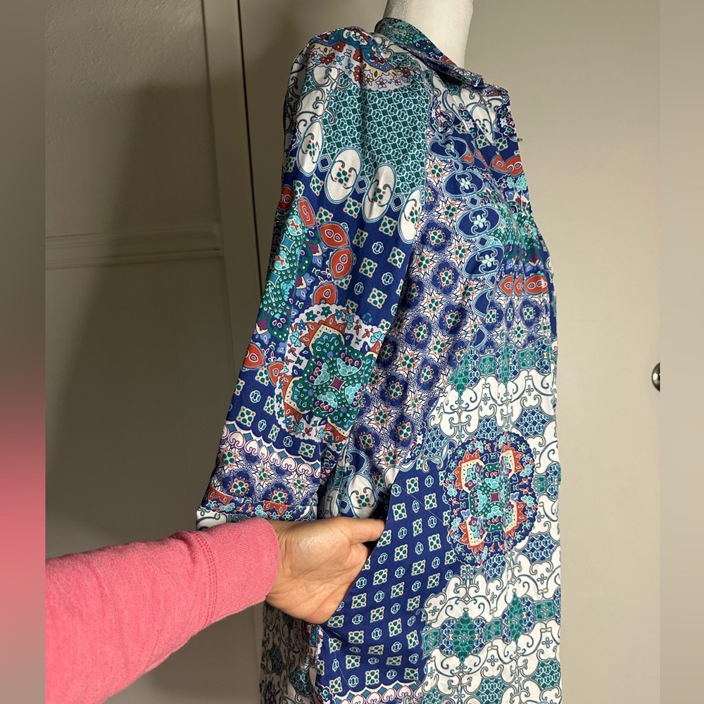 S Chico's Blue and White 3/4 Sleeve Graphic Tunic size 2 or L - Picture 5 of 11